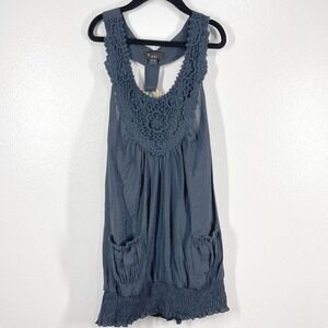 XXI Crochet High Neck Top Sleeveless Pockets‎ Medium  Navy Y2K Style Babydoll